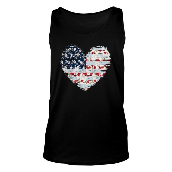 4Th Of July For Women American Flag Floral Heart Gift Unisex Tank Top