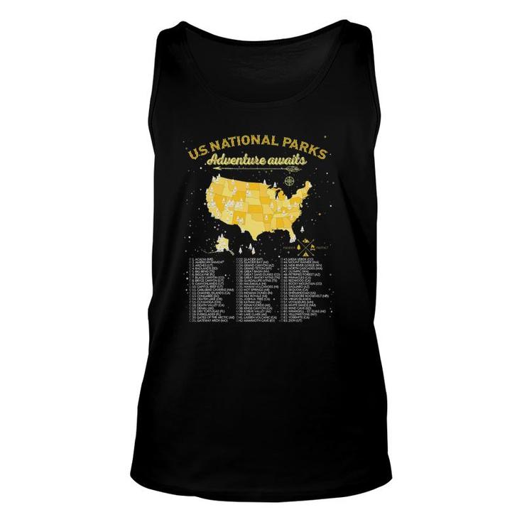 63 National Parks Map Gifts Us Park Vintage Camping Hiking Unisex Tank Top