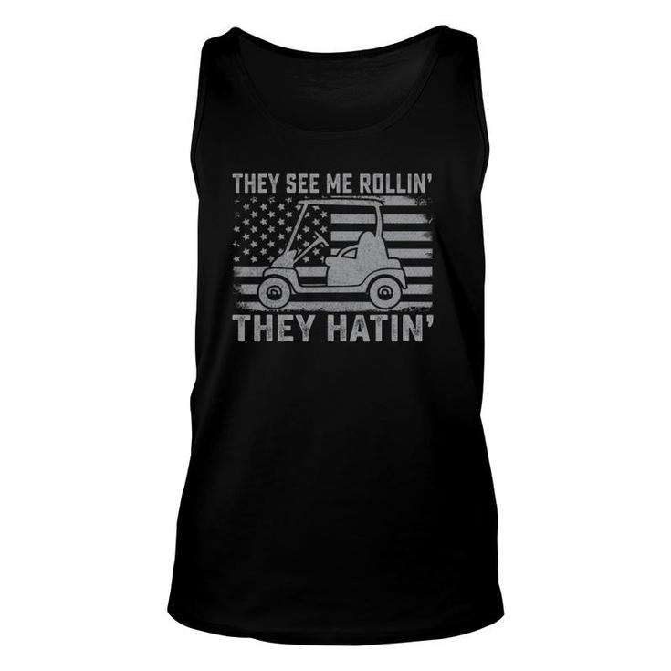 Funny Golfer Dad Husband Mens Us Flag They See Me Rolling Unisex Tank Top