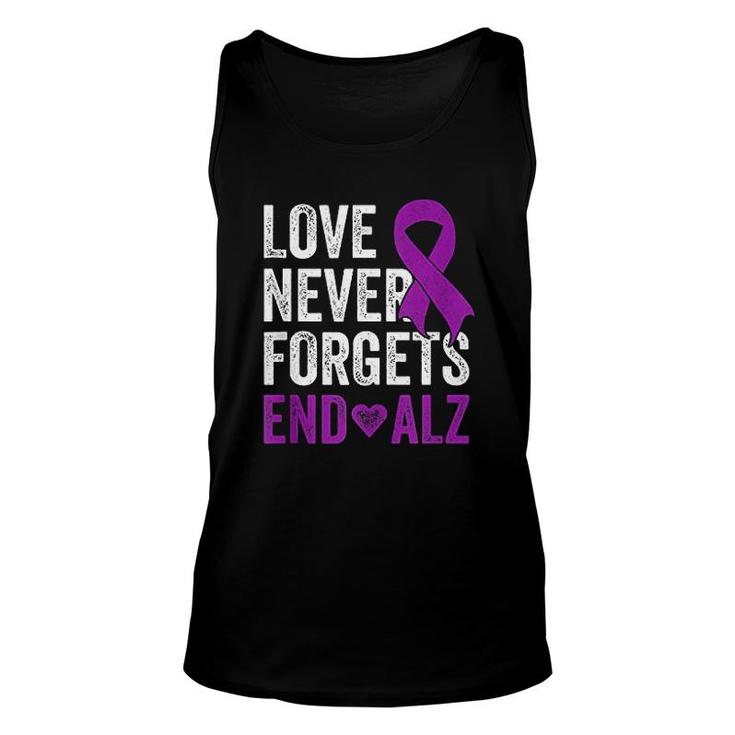 Love Never Forgets   Purple Ribbon Awareness End Alzheimers Unisex Tank Top