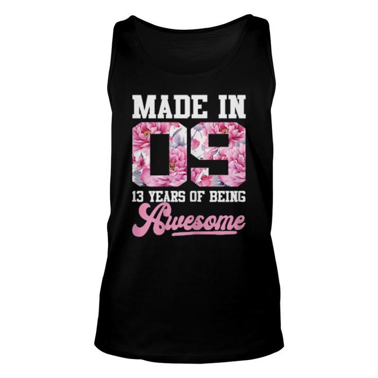 Made In 09 13 Years Of Being Awesome Florals Birthday  Unisex Tank Top