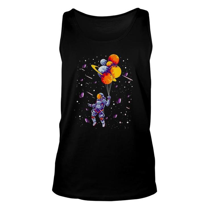 Womens Outer Space Lovers Spaceman Flying Holding Planets Trip Tank Top