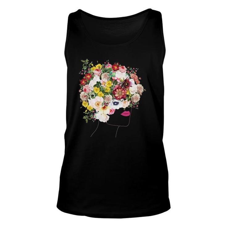 Womens Portrait With Floral Hair Botanical Inspired Flowers Graphic V Neck Tank Top