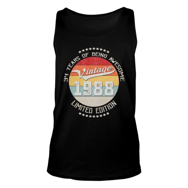 Vintage 1988 34Th Birthday 34 Years Being Awesome  Unisex Tank Top