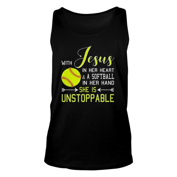 With Jesus In Her Heart & A Softball Hand She's Unstoppable Unisex Tank Top