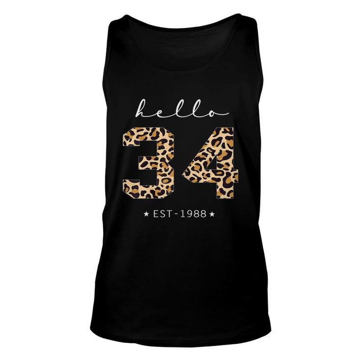 Womens Leopard Hello 34Th Birthday Est 1988 Bday 34 Years Old Girl  Unisex Tank Top