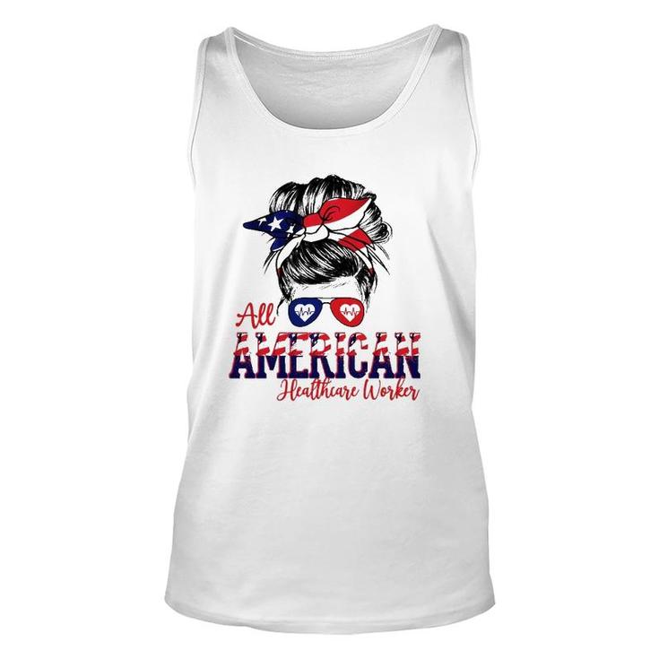 All American Healthcare Worker 4Th Of July Messy Bun Flag Nurse Doctor Tank Top