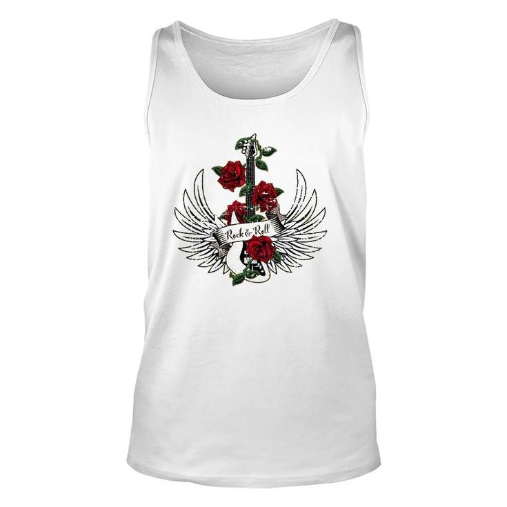 Bass Guitar Wings Roses Distressed Rock And Roll Design Unisex Tank Top