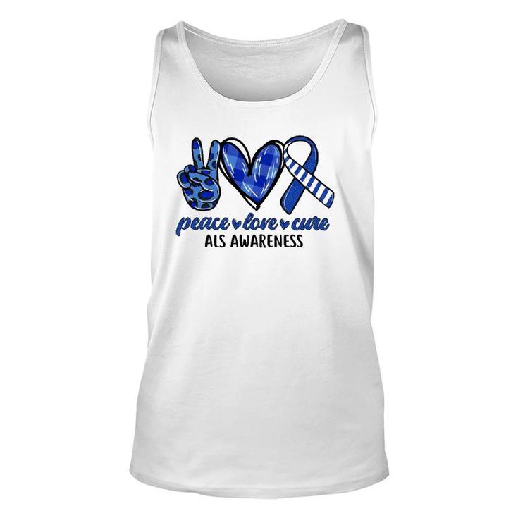 Peace Love Cure Blue & White Ribbon Als Awareness Month Unisex Tank Top