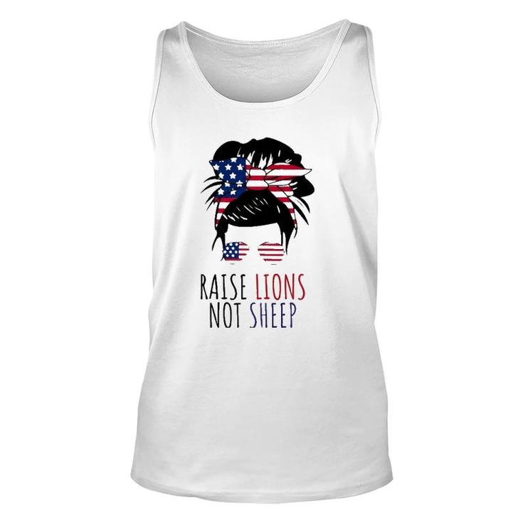 Raise Lions Not Sheep American Flag Sunglasses Messy Bun  Unisex Tank Top