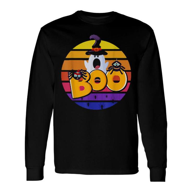 Boo With Cute Spiders And Witch Hat Halloween Sunset Retro Long Sleeve T-Shirt T-Shirt