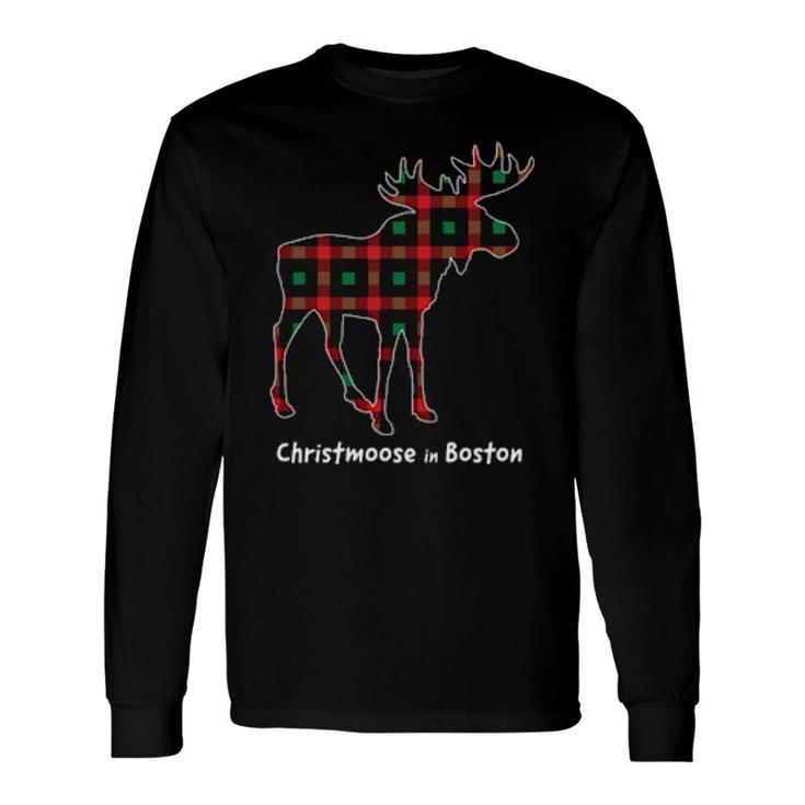 Christmoose In Boston Ma Moose Buffalo Red & Green Plaid Long Sleeve T-Shirt