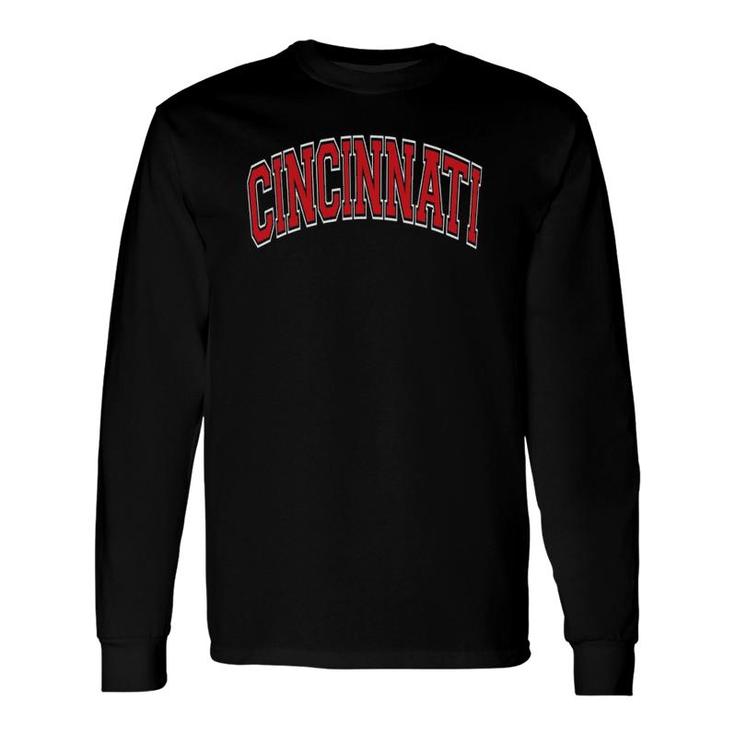 Cincinnati Ohio Varsity Style Red Text Long Sleeve T-Shirt