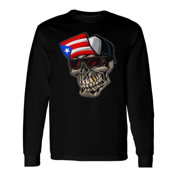 Cool Puerto Rican Skull With Cap And Puerto Rico Flag Long Sleeve T-Shirt T-Shirt