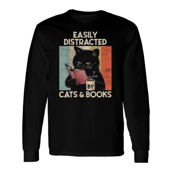 Easily Distracted By Cats And Books For Cat Lovers V-Neck Long Sleeve T-Shirt T-Shirt