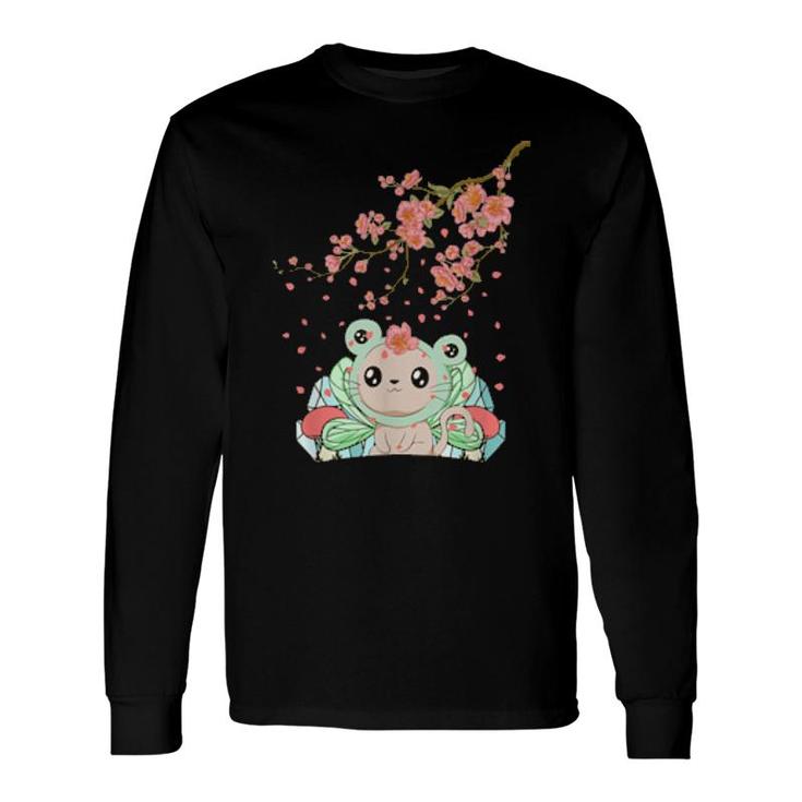 Fairycore Aesthetic Fairy Cat Frog Head Cherry Blossom Long Sleeve T-Shirt T-Shirt
