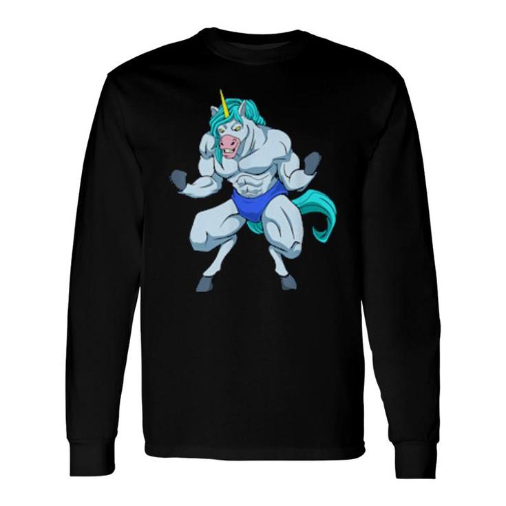 Fitness Bodybuilder Unicorn Shows Muscles Gym Long Sleeve T-Shirt