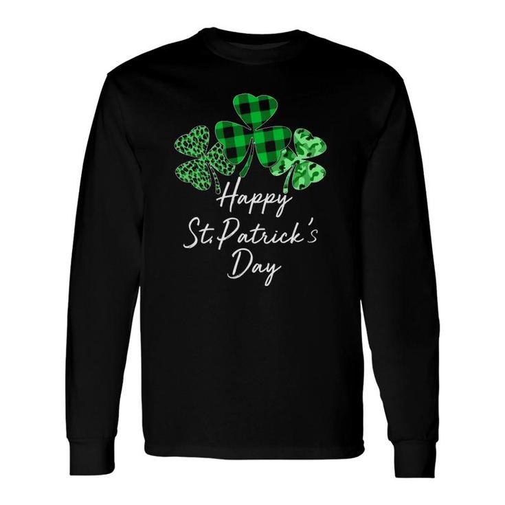 Happy St Patricks Day Plaid Shamrock Leopard Camouflage Long Sleeve T-Shirt T-Shirt