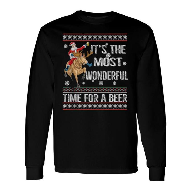 Its The Most Wonderful Time For A Beer Santa Riding Reindeer Long Sleeve T-Shirt