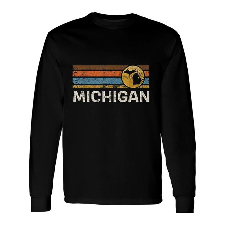 Graphic Michigan Us State Map Vintage Retro Stripes Long Sleeve T-Shirt