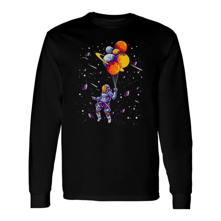 Outer Space Lovers Spaceman Flying Holding Planets Trip Long Sleeve T-Shirt T-Shirt