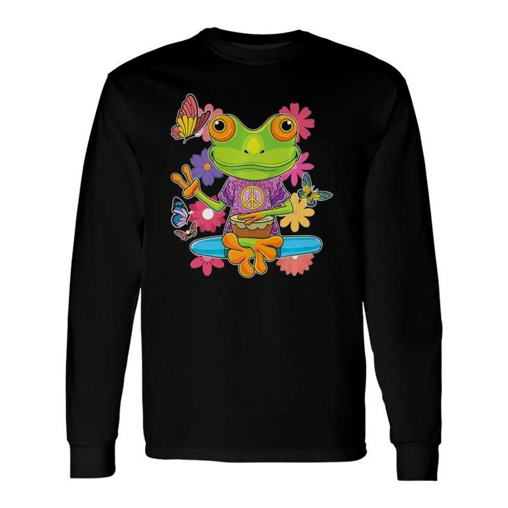 Peace Hand Sign Hippie Retro Trippy Colorful Frog 60S 70S Long Sleeve T-Shirt T-Shirt