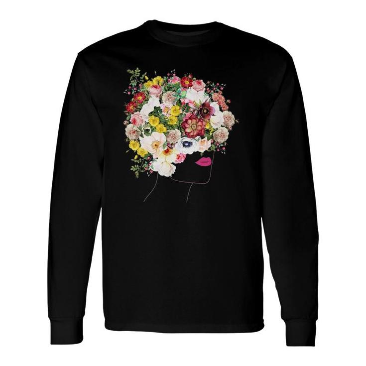 Portrait With Floral Hair Botanical Inspired Flowers Graphic V Neck Long Sleeve T-Shirt T-Shirt
