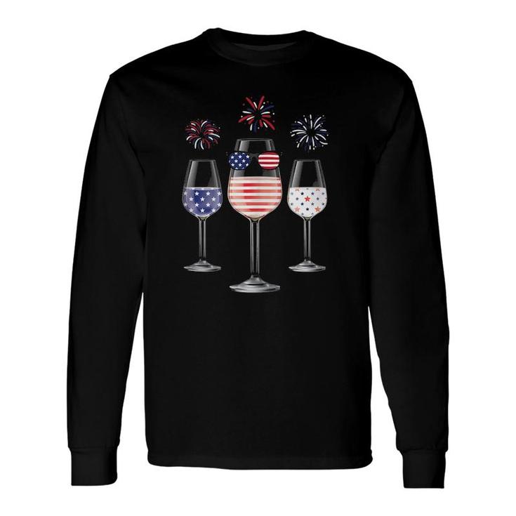 Red White Blue Wine Glasses American Flag Happy 4Th Of July Long Sleeve T-Shirt T-Shirt