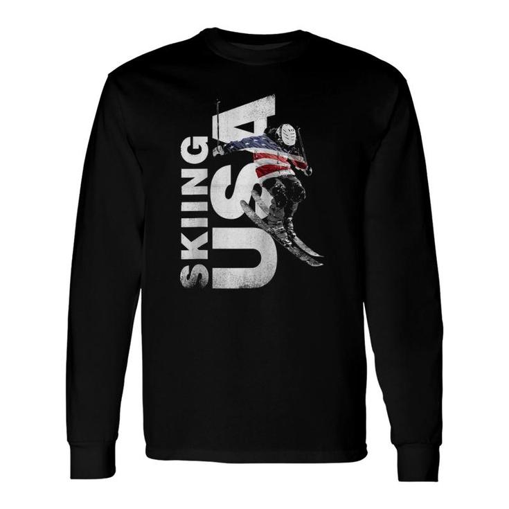 Skiing Usa Support The Team Usa Flag Ski Raglan Baseball Tee Long Sleeve T-Shirt T-Shirt