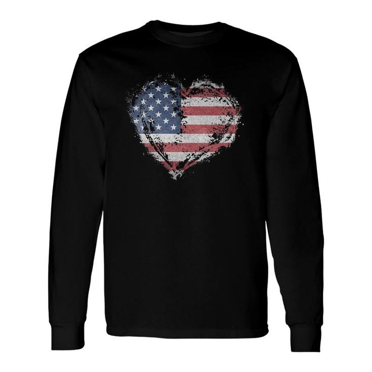 Vintage Heart American Flag Usa Patriotic 4Th Of July V-Neck Long Sleeve T-Shirt T-Shirt