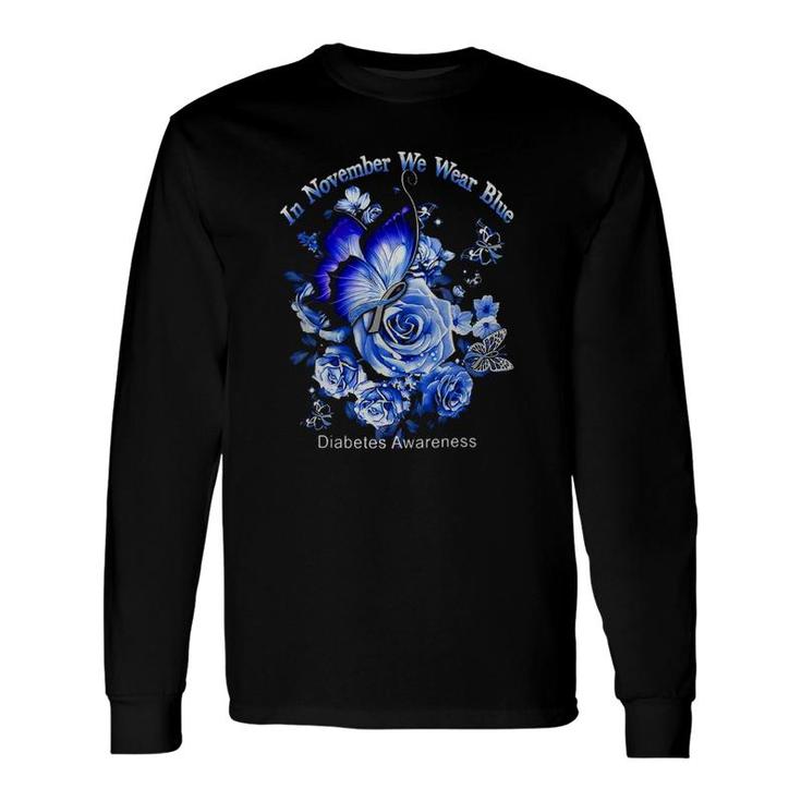 We Wear Tee Blue Roses Butterfly Long Sleeve T-Shirt T-Shirt