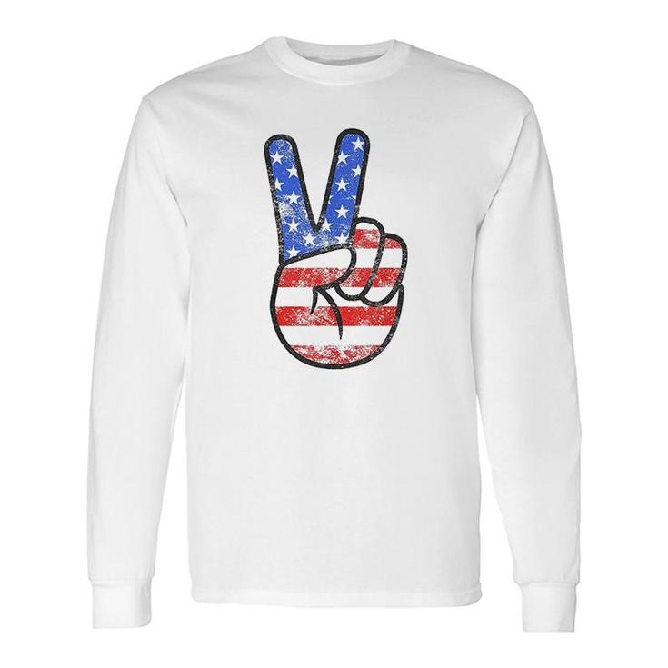 American Flag Peace Sign Hand Long Sleeve T-Shirt T-Shirt
