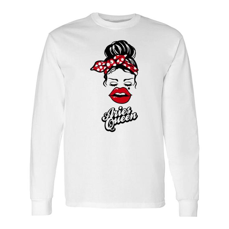 Aries Girls Aries Queen With Red Lip Birthday Long Sleeve T-Shirt