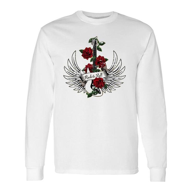 Bass Guitar Wings Roses Distressed Rock And Roll Long Sleeve T-Shirt T-Shirt