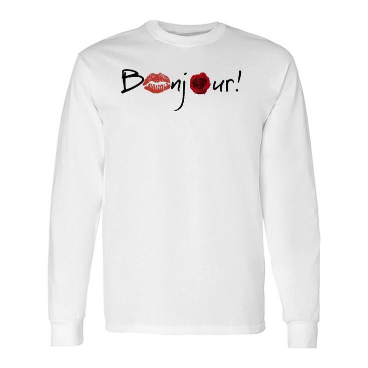 Bonjour Graphic With Lips And Rose Images Long Sleeve T-Shirt T-Shirt