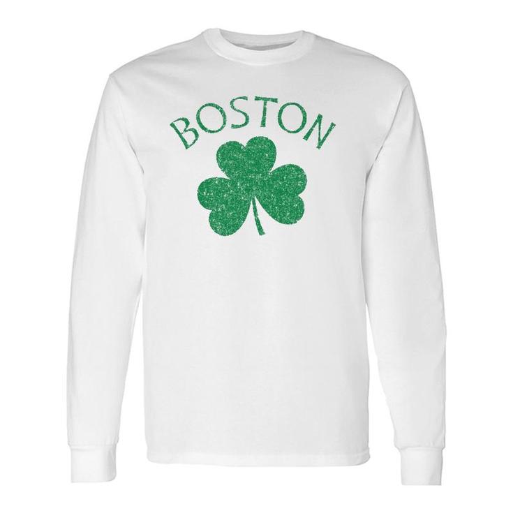 Boston Irish Shamrock Distressed Green Print Long Sleeve T-Shirt T-Shirt