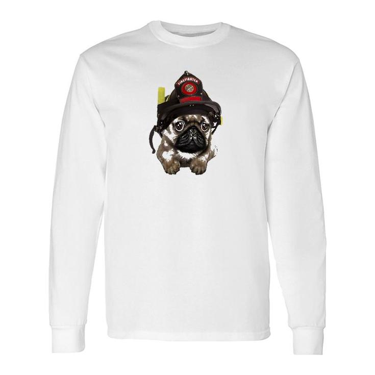 Brave Pug In Firefighter Helmet Cute Pocket Dog Long Sleeve T-Shirt T-Shirt