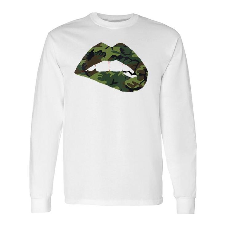 Camouflage Lips Mouth Military Kiss Me Biting Camo Kissing V-Neck Long Sleeve T-Shirt