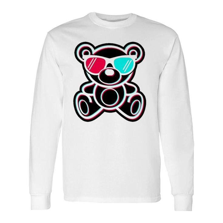 Cool Teddy Bear Glitch Effect With 3D Glasses Long Sleeve T-Shirt T-Shirt