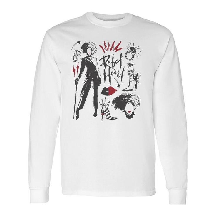 Cruella Rebel Heart Collage Sketches Long Sleeve T-Shirt