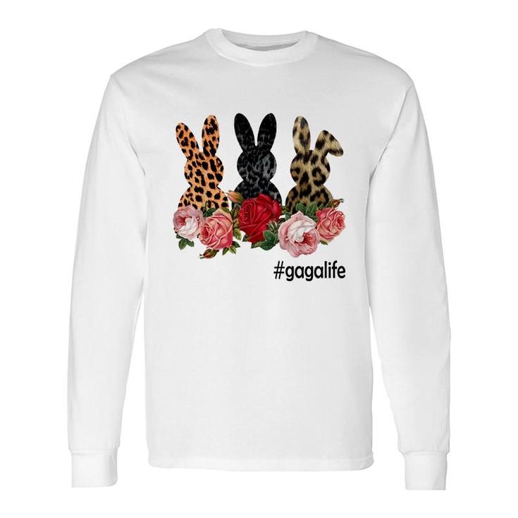 Cute Bunny Flowers Gaga Life Happy Easter Sunday Floral Leopard Plaid Long Sleeve T-Shirt T-Shirt