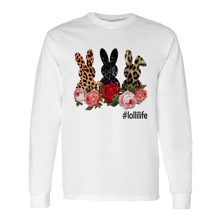 Cute Bunny Flowers Lolli Life Happy Easter Sunday Floral Leopard Plaid Long Sleeve T-Shirt T-Shirt