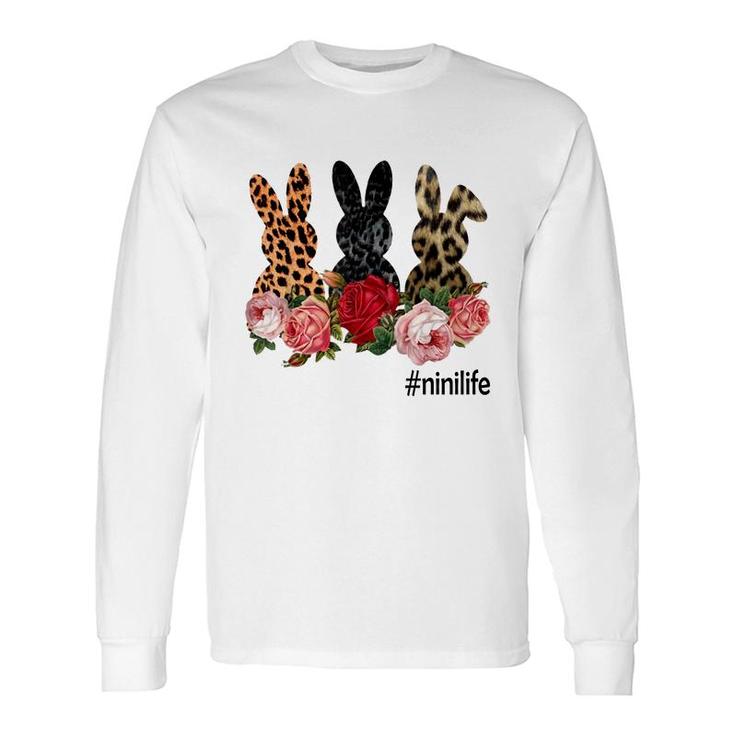 Cute Bunny Flowers Nini Life Happy Easter Sunday Floral Leopard Plaid Long Sleeve T-Shirt T-Shirt