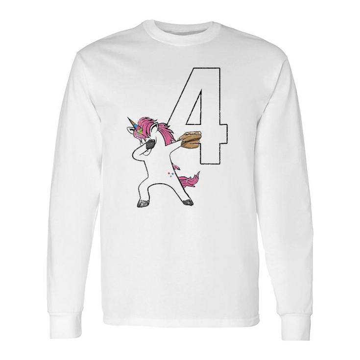 Dabbing Unicorn Softball Number 4 Softball Jersey Long Sleeve T-Shirt