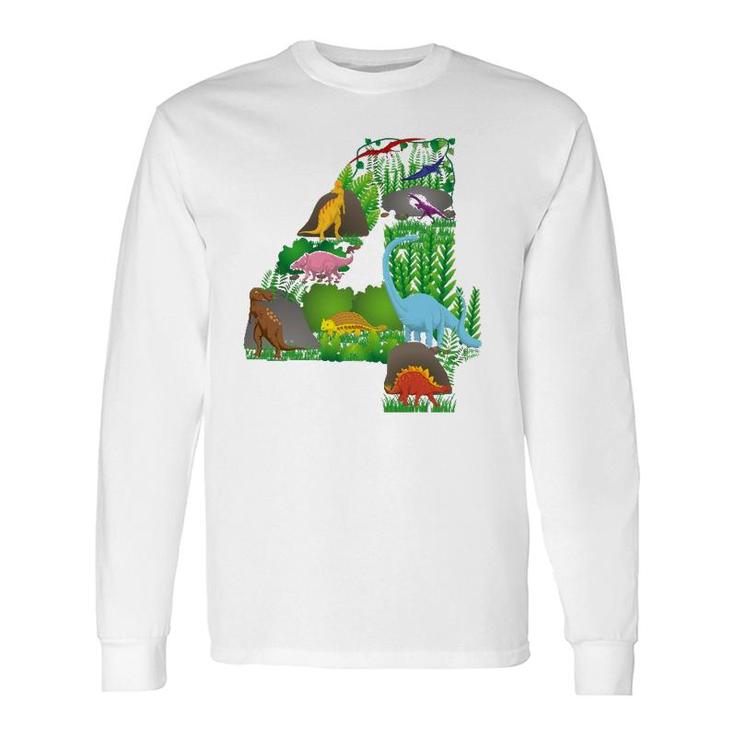 Dinosaurs Jungle Scene Fourth Birthday Number Four Long Sleeve T-Shirt