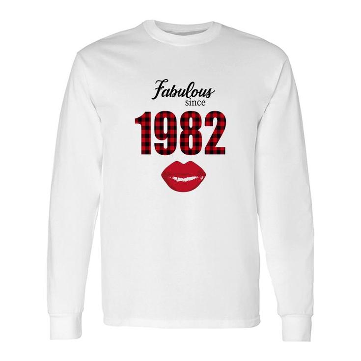 Fabulous Since 1982 Black Red Plaid Lips Happy 40Th Birthday Long Sleeve T-Shirt