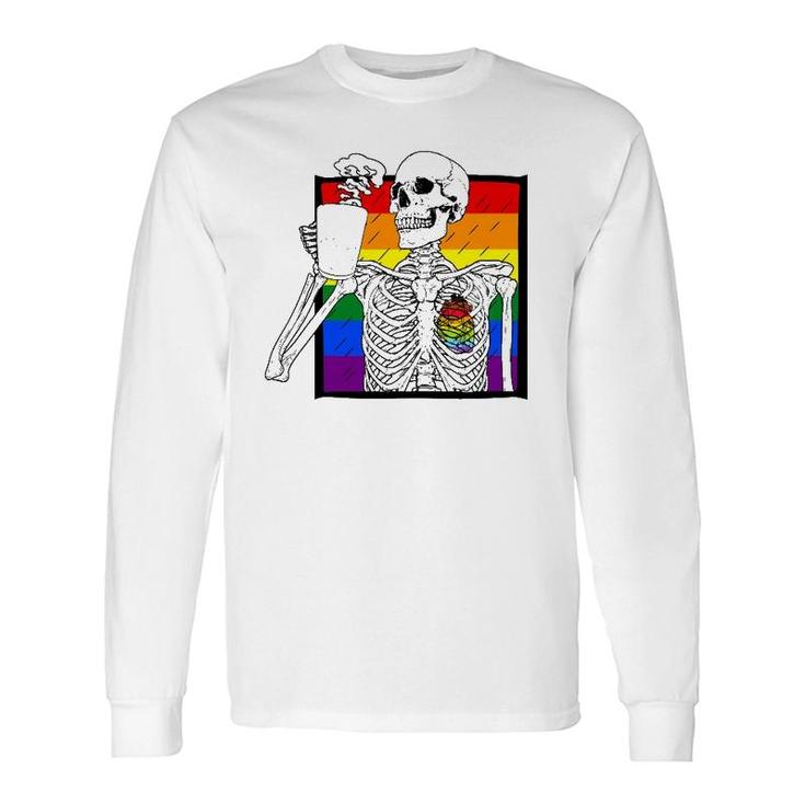 Goth Skeleton Coffee Gay Lesbian Pride Rainbow Human Heart Long Sleeve T-Shirt T-Shirt
