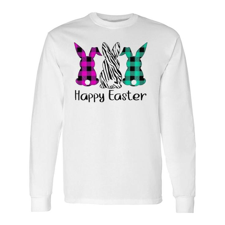Happy Easter Plaid Zebra Print Bunnies Easter Long Sleeve T-Shirt