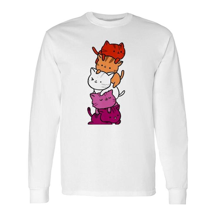 Kawaii Cat Pile Orange Pink Lesbian Pride Long Sleeve T-Shirt T-Shirt