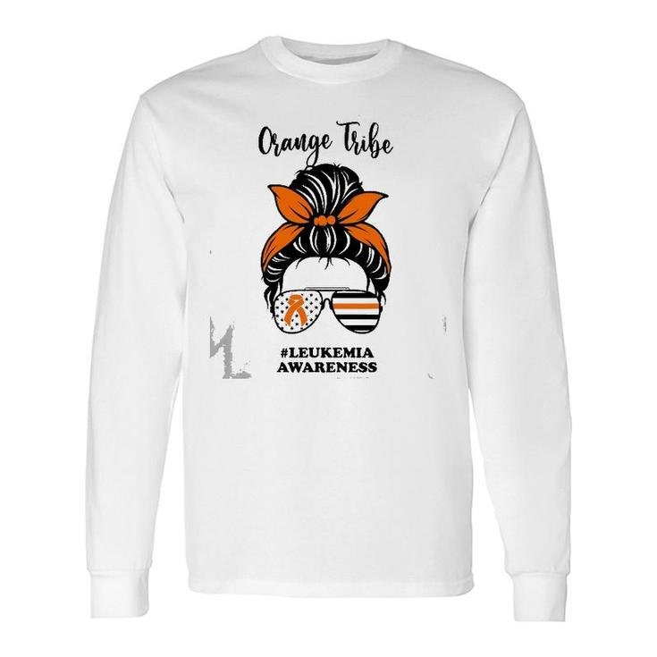 Leukemia Awareness Orange Tribe Ribbon Messy Bun Support Long Sleeve T-Shirt T-Shirt